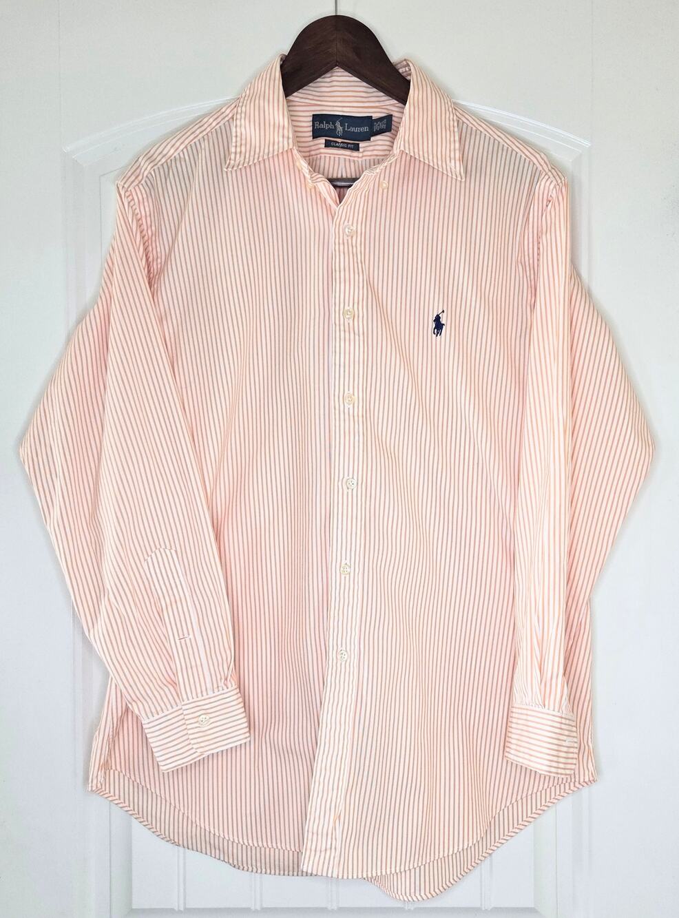 Ralph Lauren Classic Fit Dress Shirt Men's 17 34/35 Orange White Stripe Cotton
